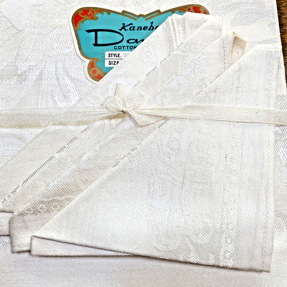 Vintage Damask Pattern #988 Ivory Tablecloth Napkins Set Cotton Rayon Japan NOS - Picture 1 of 7